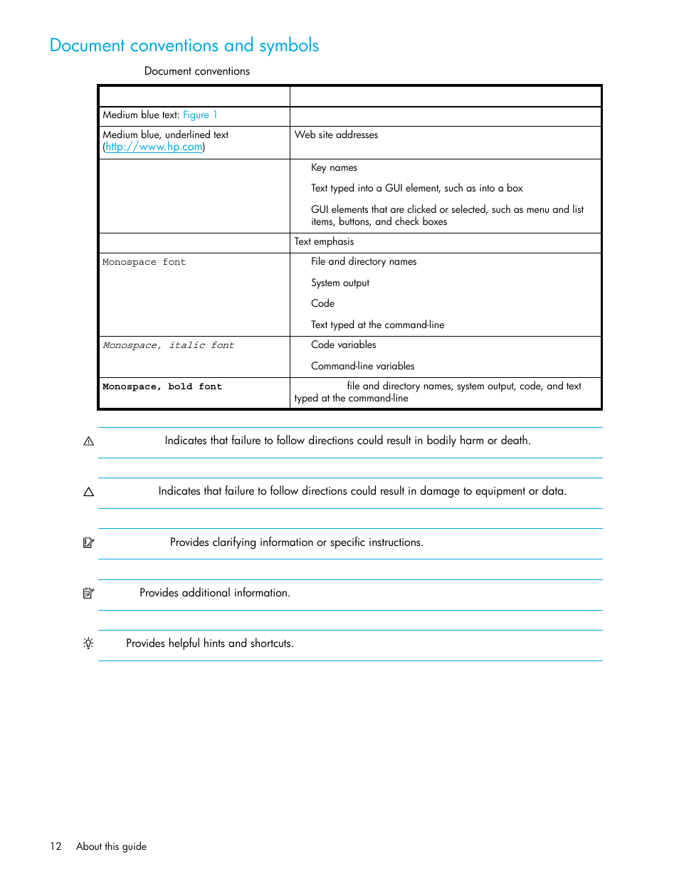 Document conventions and symbols, 1 document conventions | HP P2000 G3 MSA Array Systems User Manual | Page 12 / 84