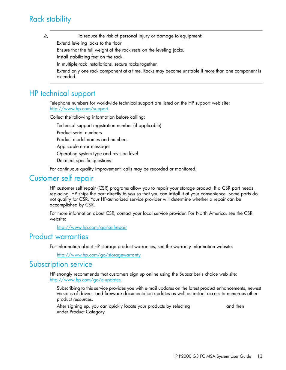 Rack stability, Hp technical support, Customer self repair | Product warranties, Subscription service | HP P2000 G3 MSA Array Systems User Manual | Page 13 / 84