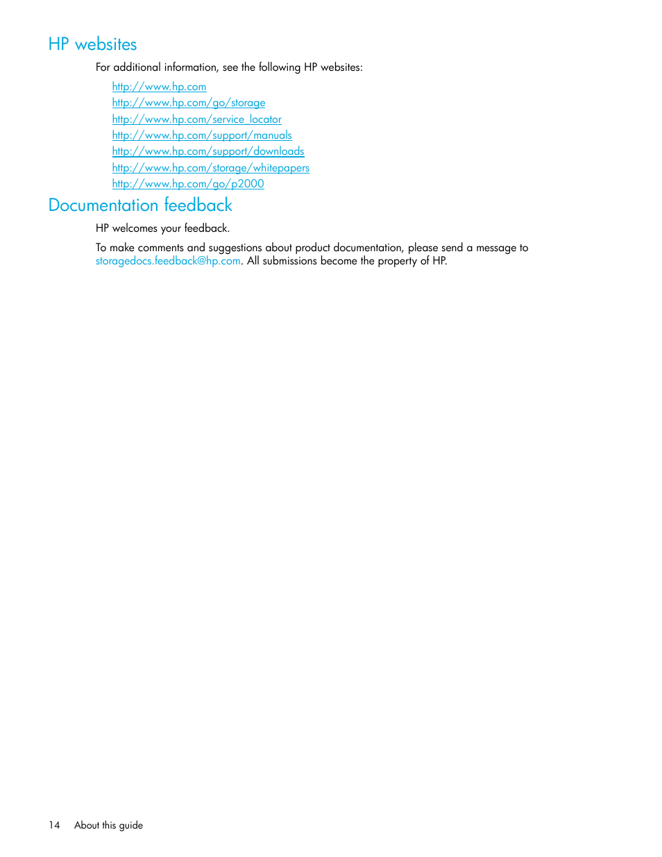 Hp websites, Documentation feedback | HP P2000 G3 MSA Array Systems User Manual | Page 14 / 84