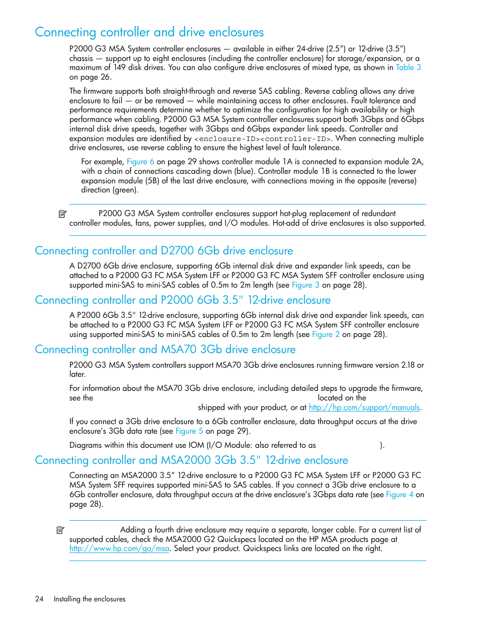 Connecting controller and drive enclosures | HP P2000 G3 MSA Array Systems User Manual | Page 24 / 84