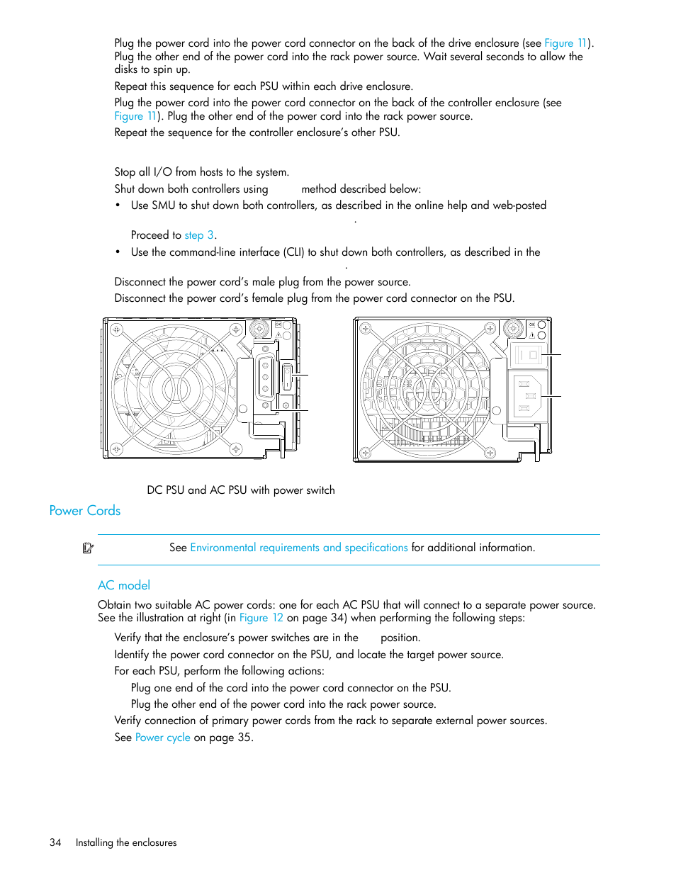 Power cords, Ac model, 12 dc psu and ac psu with power switch | HP P2000 G3 MSA Array Systems User Manual | Page 34 / 84