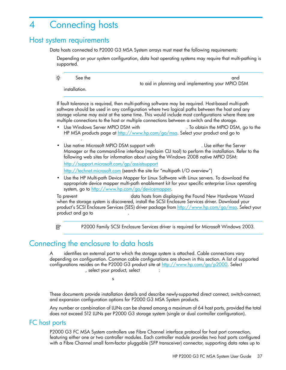 Connecting hosts, Host system requirements, Connecting the enclosure to data hosts | 4 connecting hosts, Fc host ports, Bed in, 4connecting hosts | HP P2000 G3 MSA Array Systems User Manual | Page 37 / 84