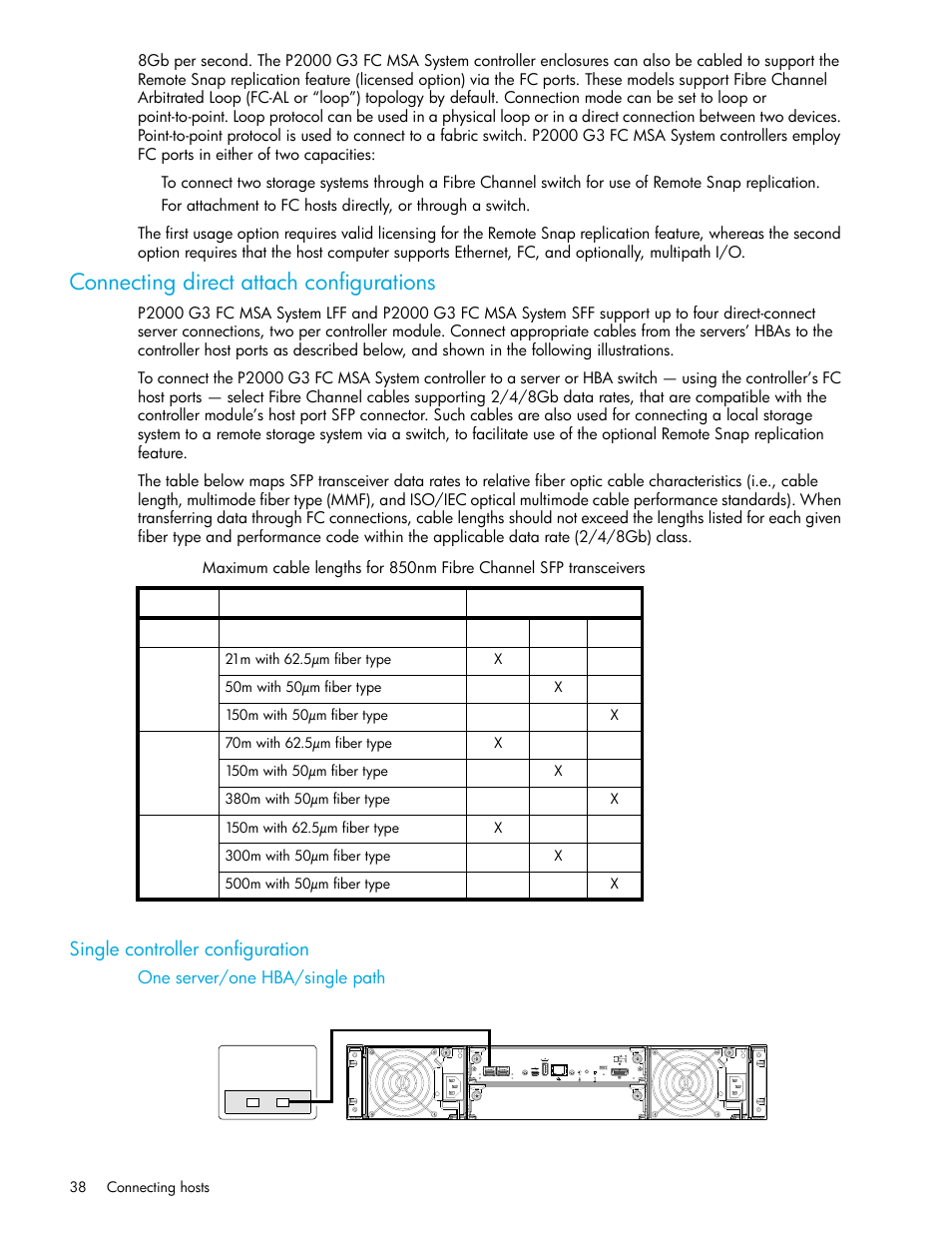 Connecting direct attach configurations, Single controller configuration, One server/one hba/single path | HP P2000 G3 MSA Array Systems User Manual | Page 38 / 84