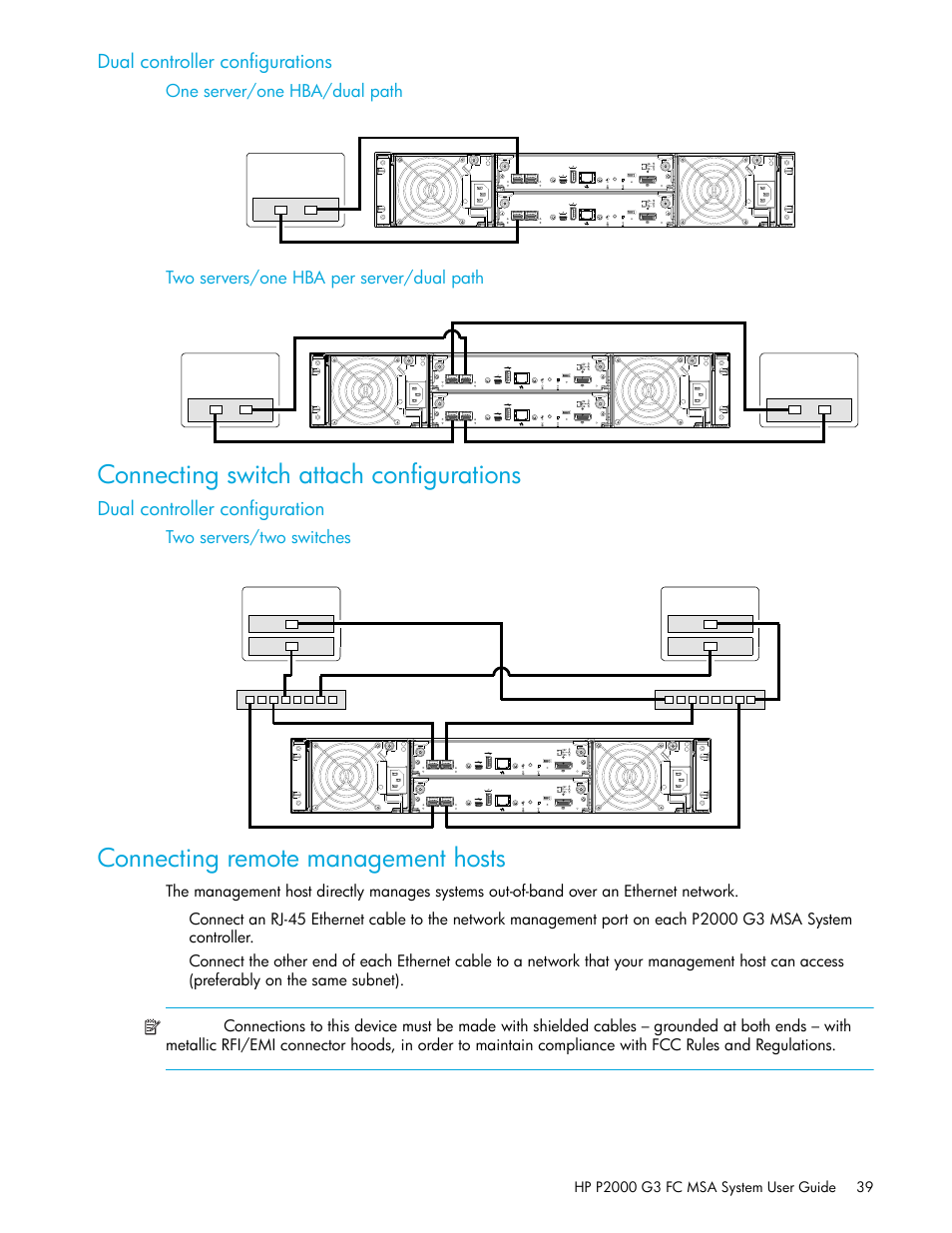 Connecting switch attach configurations, Connecting remote management hosts, Dual controller configurations | One server/one hba/dual path, Two servers/one hba per server/dual path, Dual controller configuration, Two servers/two switches | HP P2000 G3 MSA Array Systems User Manual | Page 39 / 84
