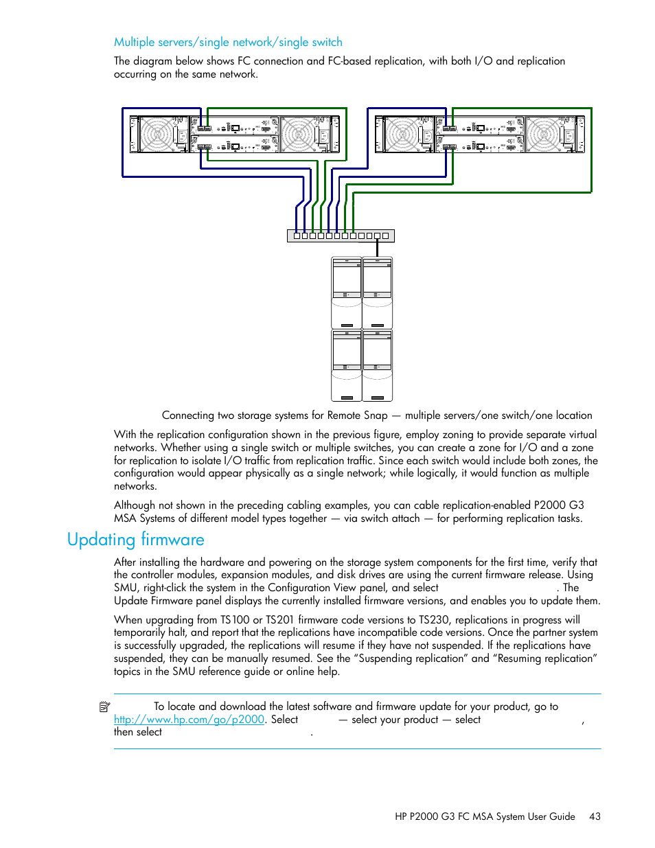 Updating firmware, Multiple servers/single network/single switch | HP P2000 G3 MSA Array Systems User Manual | Page 43 / 84