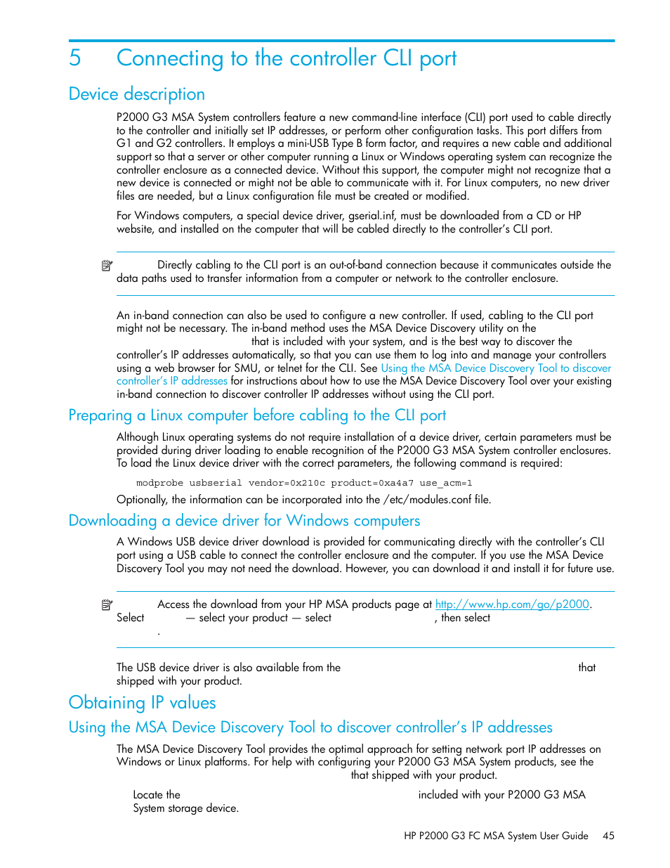 Connecting to the controller cli port, Device description, Obtaining ip values | 5 connecting to the controller cli port, Downloading a device driver for windows computers, 5connecting to the controller cli port | HP P2000 G3 MSA Array Systems User Manual | Page 45 / 84