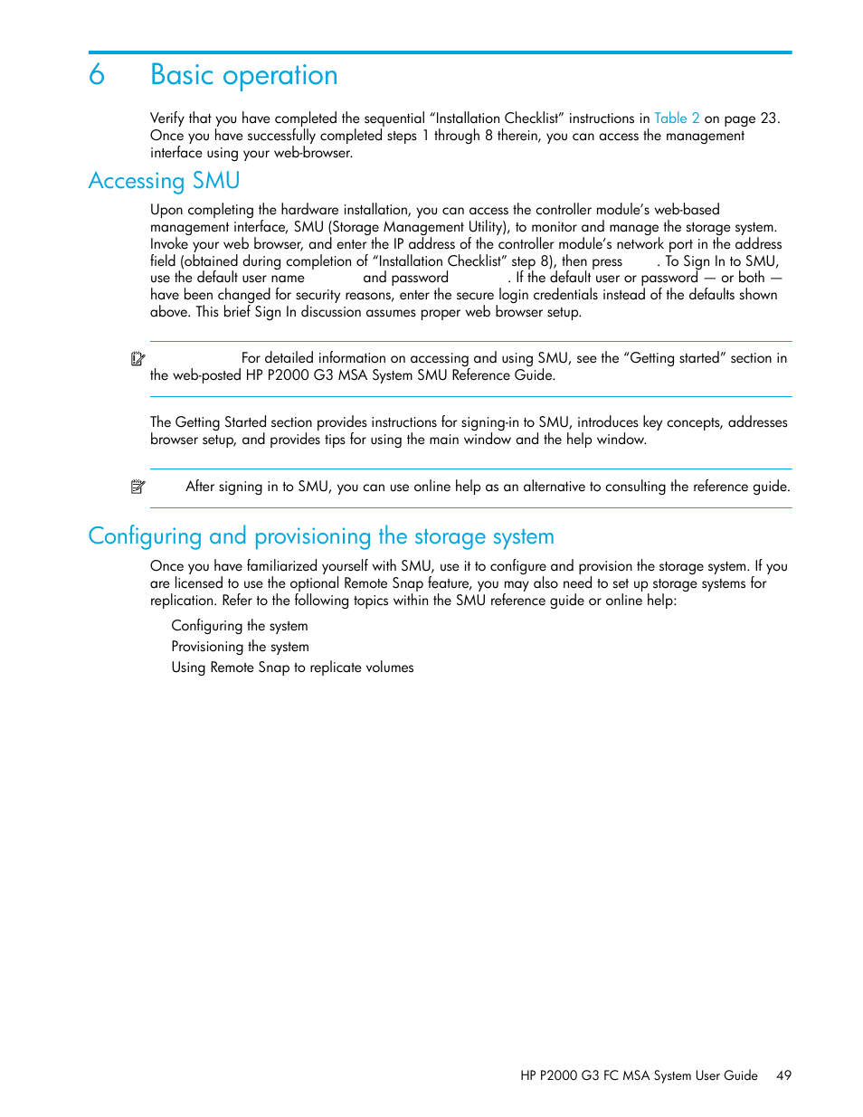 Basic operation, Accessing smu, Configuring and provisioning the storage system | 6 basic operation, Ed in, 6basic operation | HP P2000 G3 MSA Array Systems User Manual | Page 49 / 84