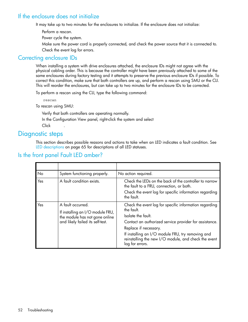 Diagnostic steps, If the enclosure does not initialize, Correcting enclosure ids | Is the front panel fault led amber | HP P2000 G3 MSA Array Systems User Manual | Page 52 / 84