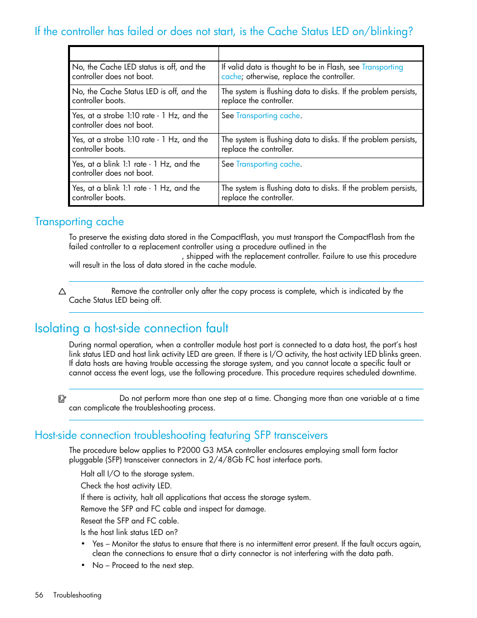 Isolating a host-side connection fault, Transporting cache | HP P2000 G3 MSA Array Systems User Manual | Page 56 / 84