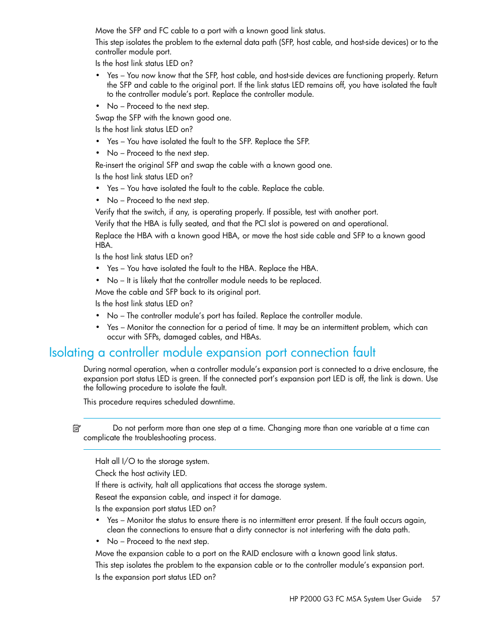 Isolating a controller module expansion port, Connection fault | HP P2000 G3 MSA Array Systems User Manual | Page 57 / 84