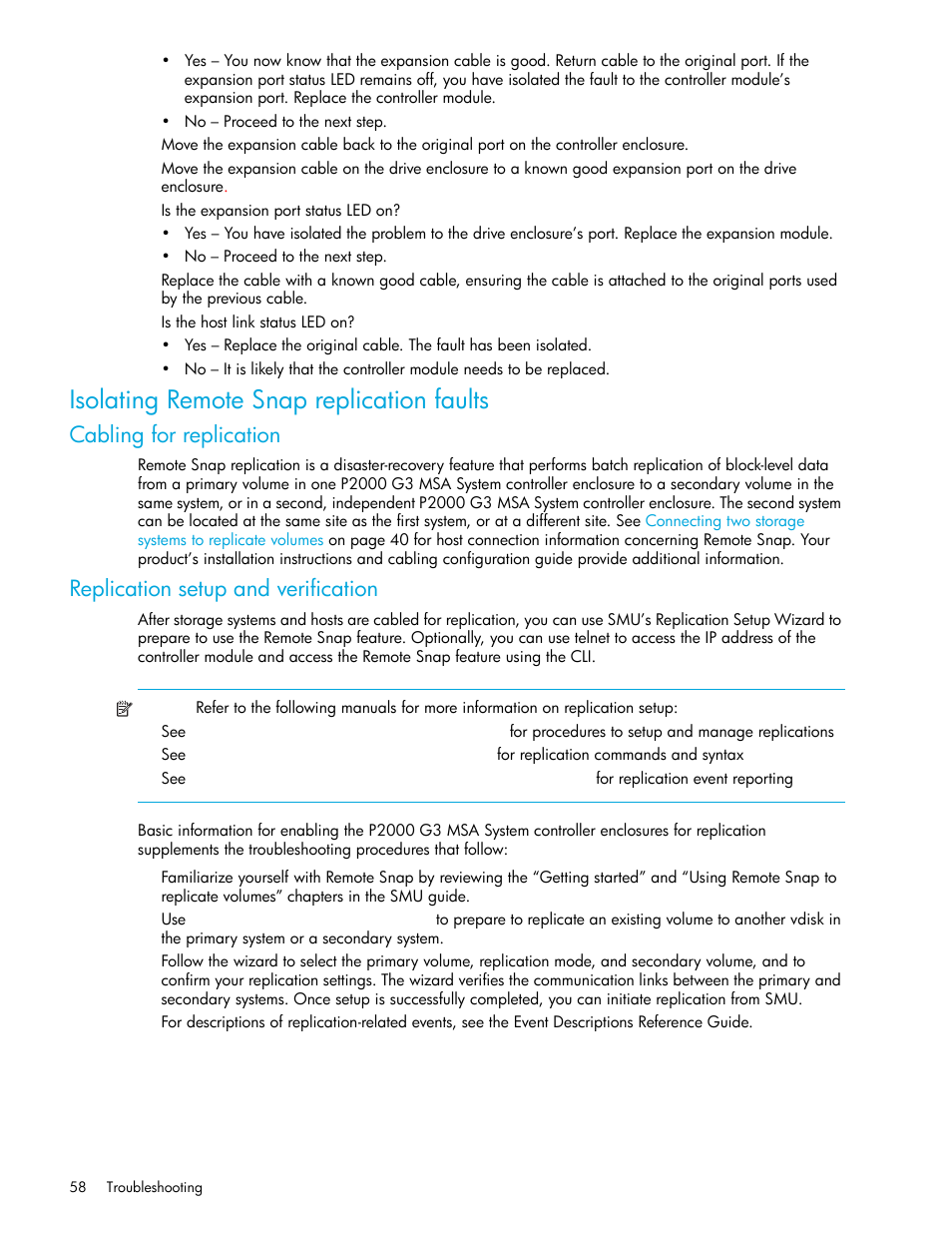 Isolating remote snap replication faults, Cabling for replication, Replication setup and verification | HP P2000 G3 MSA Array Systems User Manual | Page 58 / 84