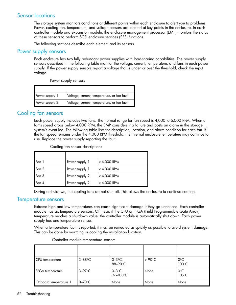 Sensor locations, Power supply sensors, Cooling fan sensors | Temperature sensors, 8 power supply sensors, 9 cooling fan sensor descriptions, 10 controller module temperature sensors | HP P2000 G3 MSA Array Systems User Manual | Page 62 / 84