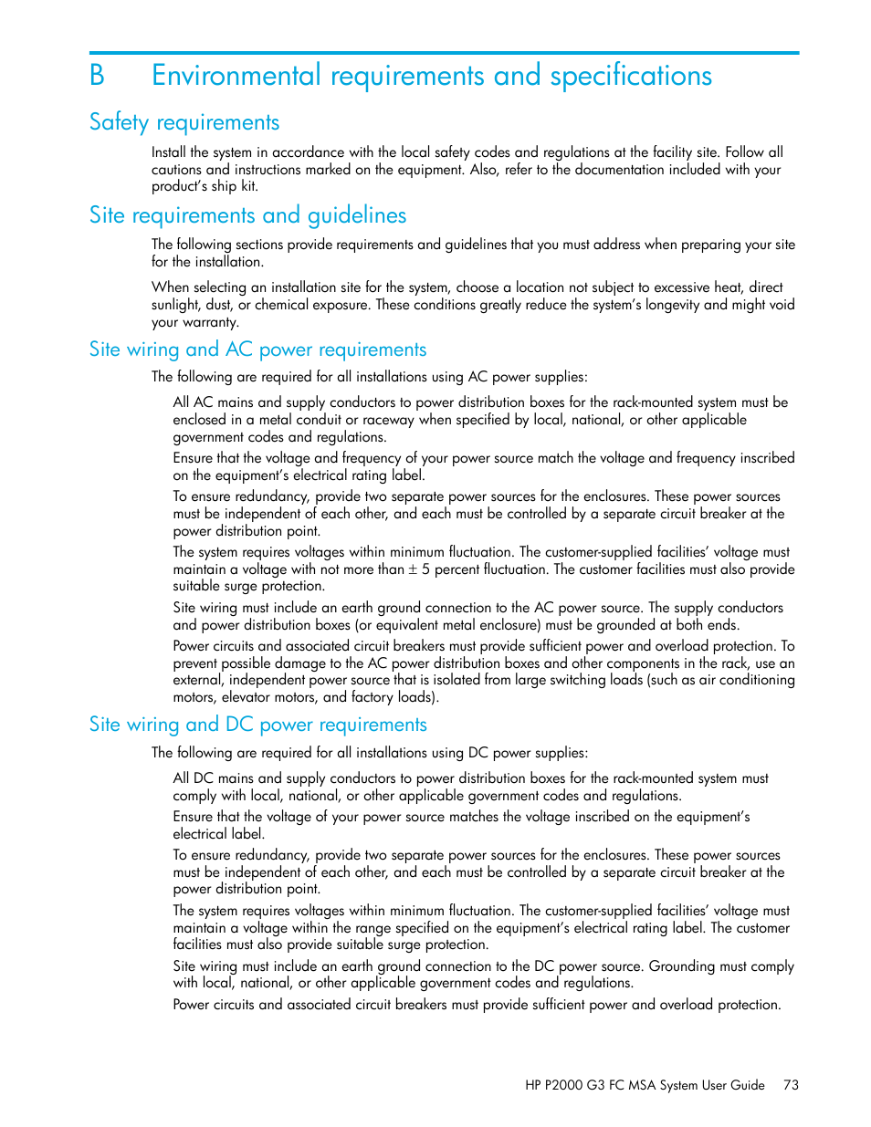 Environmental requirements and specifications, Safety requirements, Site requirements and guidelines | B environmental requirements and specifications, Site wiring and ac power requirements, Site wiring and dc power requirements, Benvironmental requirements and specifications | HP P2000 G3 MSA Array Systems User Manual | Page 73 / 84