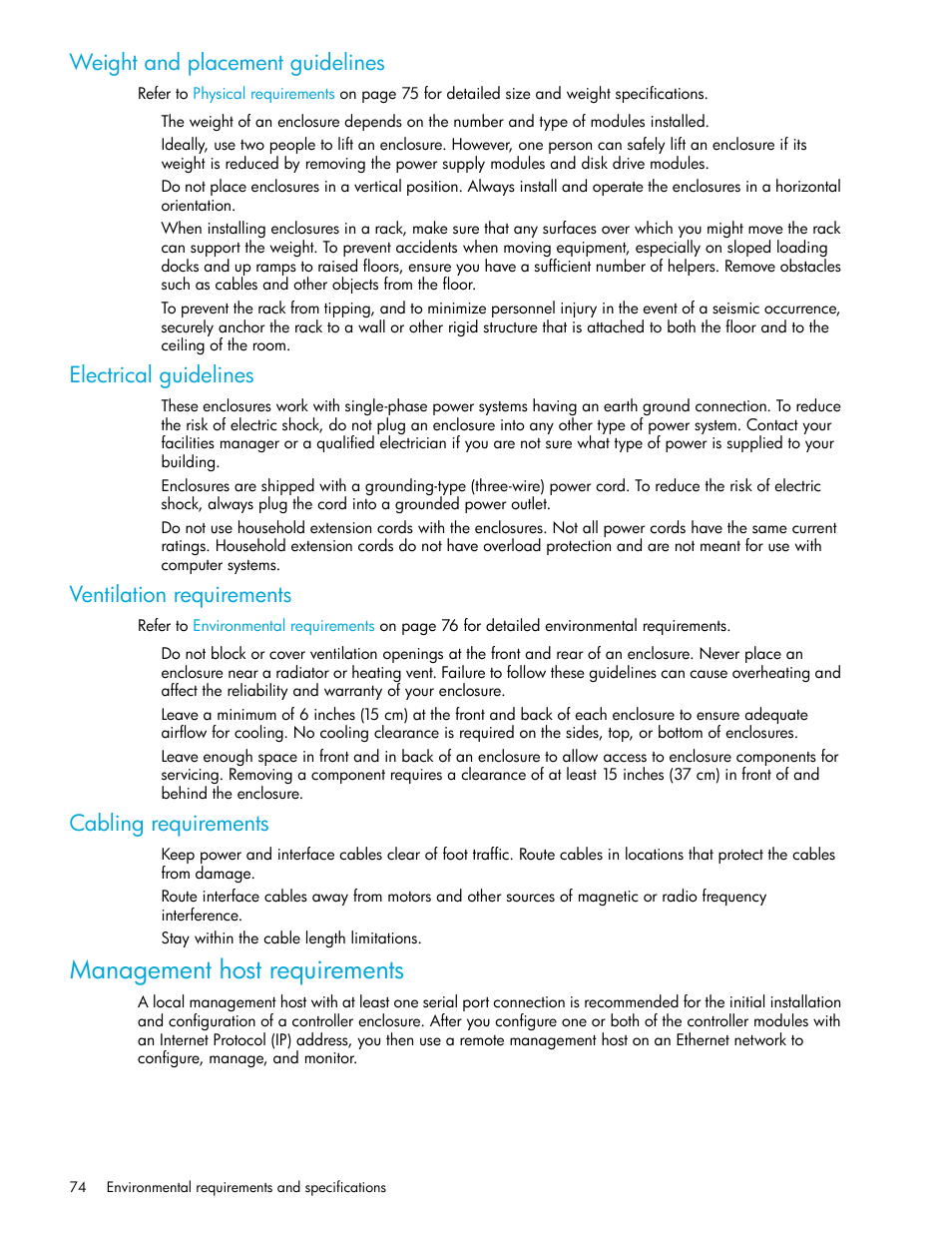 Management host requirements, Weight and placement guidelines, Electrical guidelines | Ventilation requirements, Cabling requirements | HP P2000 G3 MSA Array Systems User Manual | Page 74 / 84