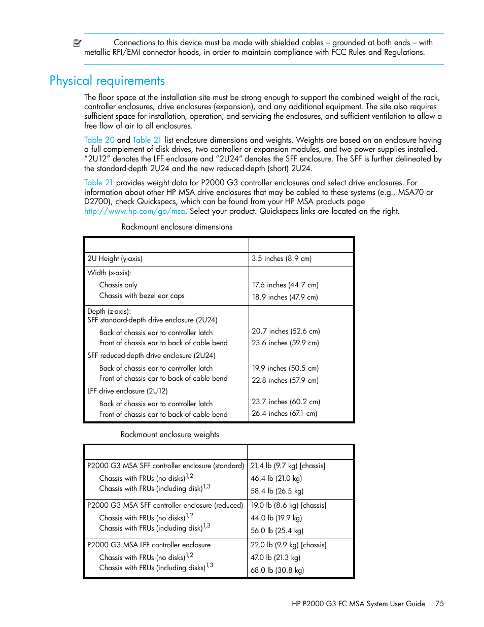 Physical requirements, 20 rackmount enclosure dimensions, 21 rackmount enclosure weights | HP P2000 G3 MSA Array Systems User Manual | Page 75 / 84