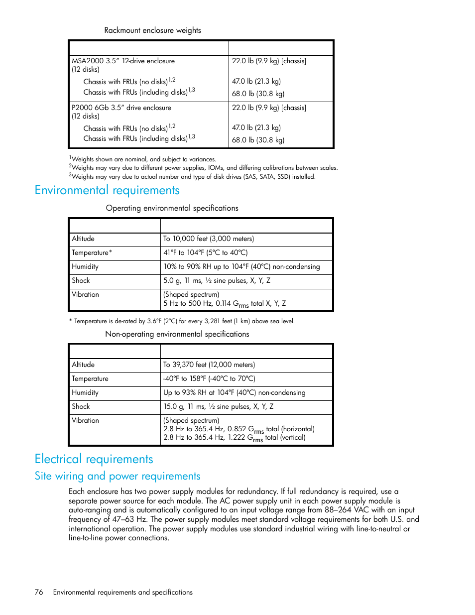 Environmental requirements, Electrical requirements, Site wiring and power requirements | 22 operating environmental specifications, 23 non-operating environmental specifications | HP P2000 G3 MSA Array Systems User Manual | Page 76 / 84