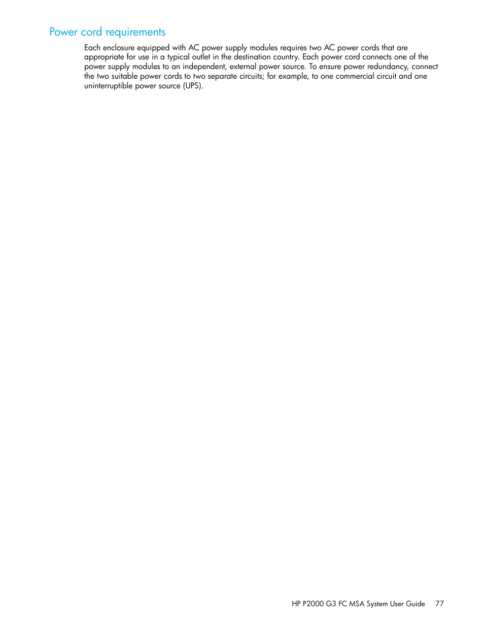 Power cord requirements | HP P2000 G3 MSA Array Systems User Manual | Page 77 / 84