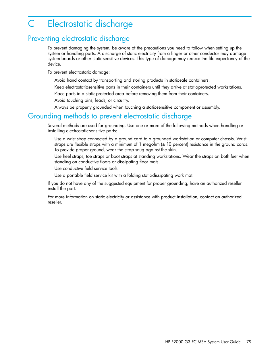 Electrostatic discharge, Preventing electrostatic discharge, C electrostatic discharge | Celectrostatic discharge | HP P2000 G3 MSA Array Systems User Manual | Page 79 / 84