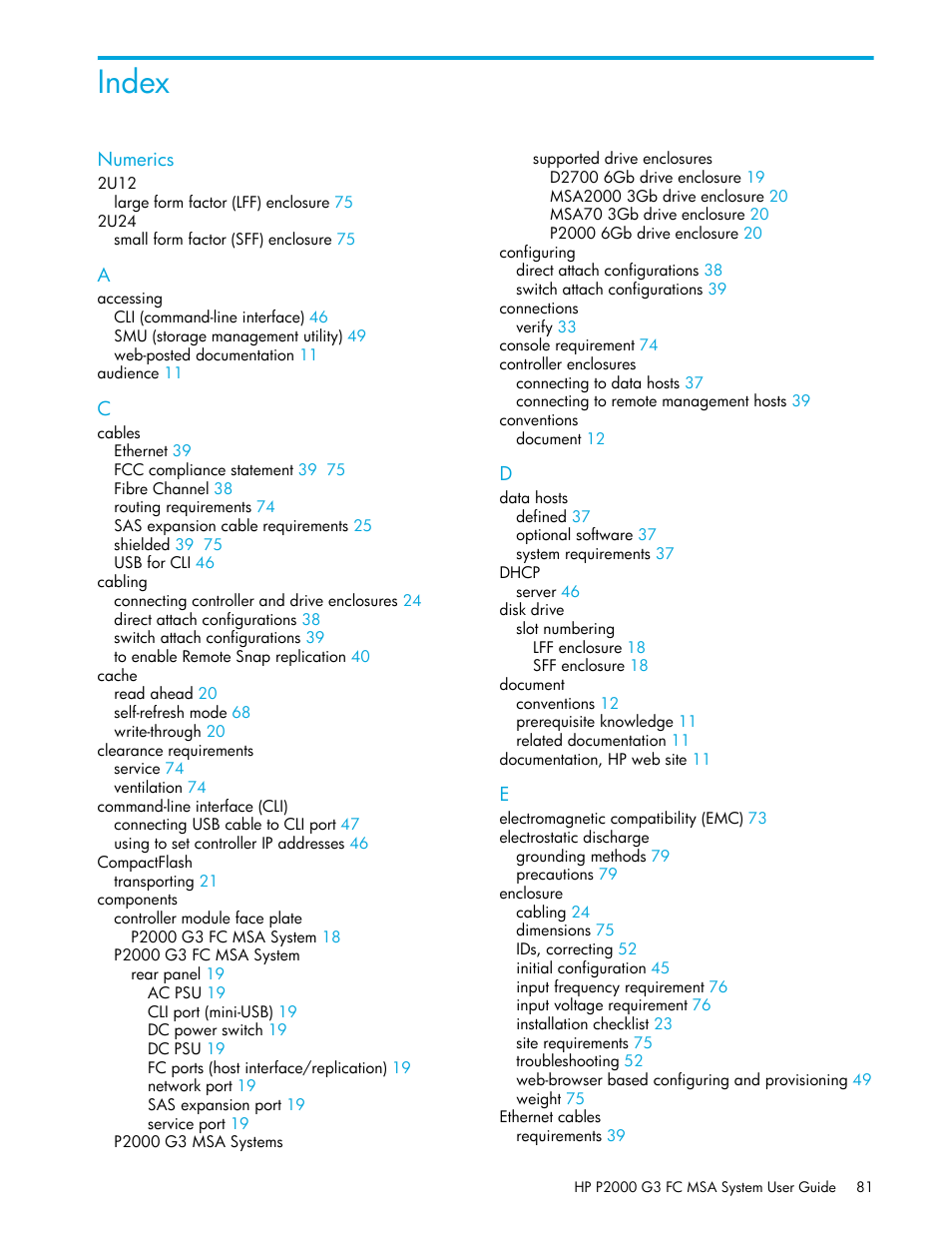 Index | HP P2000 G3 MSA Array Systems User Manual | Page 81 / 84