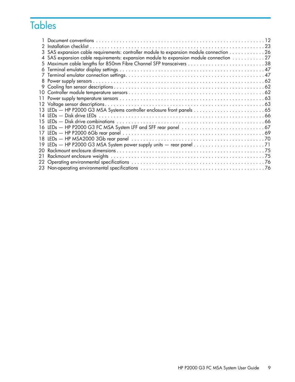 Tables | HP P2000 G3 MSA Array Systems User Manual | Page 9 / 84