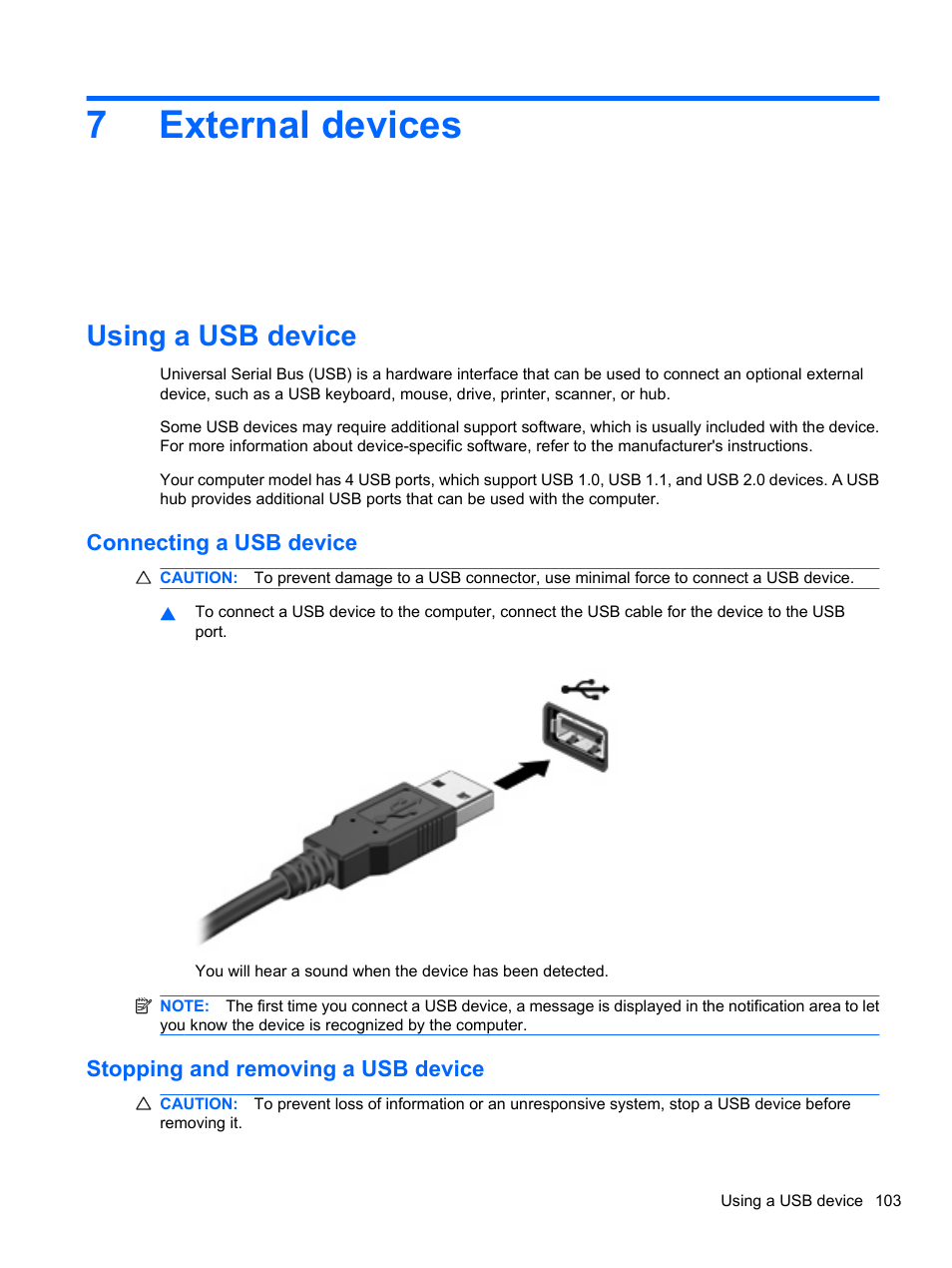 External devices, Using a usb device, Connecting a usb device | Stopping and removing a usb device, 7 external devices, 7external devices | HP ProBook 4320s Notebook-PC User Manual | Page 115 / 190
