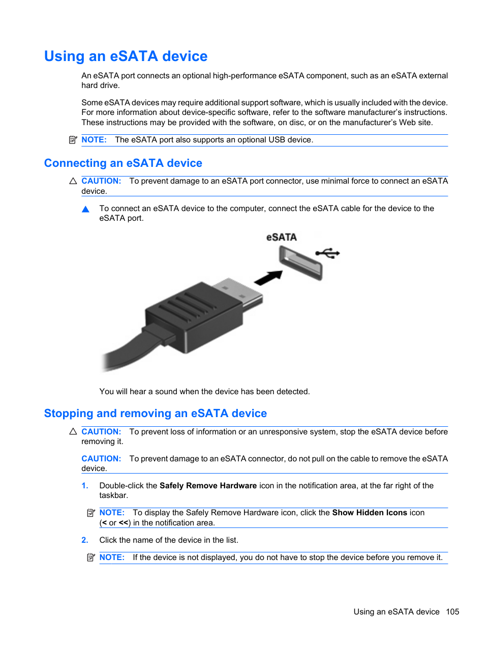 Using an esata device, Connecting an esata device, Stopping and removing an esata device | HP ProBook 4320s Notebook-PC User Manual | Page 117 / 190