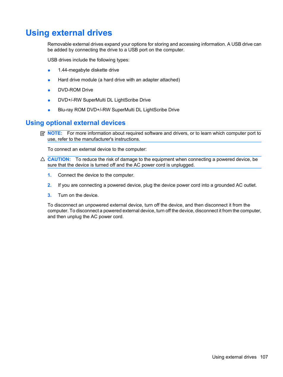 Using external drives, Using optional external devices | HP ProBook 4320s Notebook-PC User Manual | Page 119 / 190