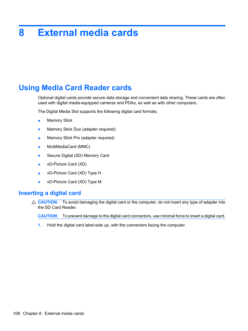 External media cards, Using media card reader cards, Inserting a digital card | 8 external media cards, 8external media cards | HP ProBook 4320s Notebook-PC User Manual | Page 120 / 190