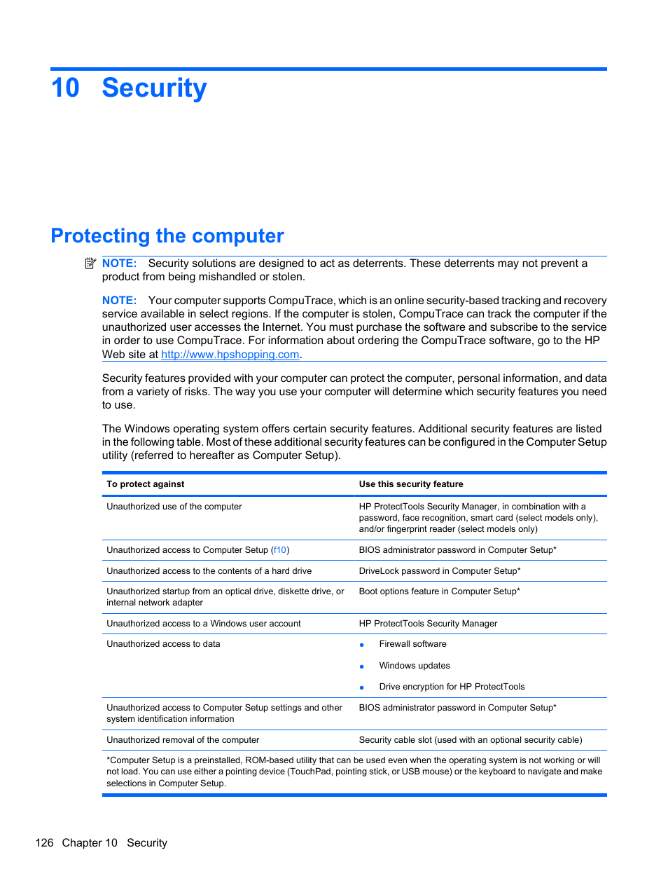 Security, Protecting the computer, 10 security | HP ProBook 4320s Notebook-PC User Manual | Page 138 / 190