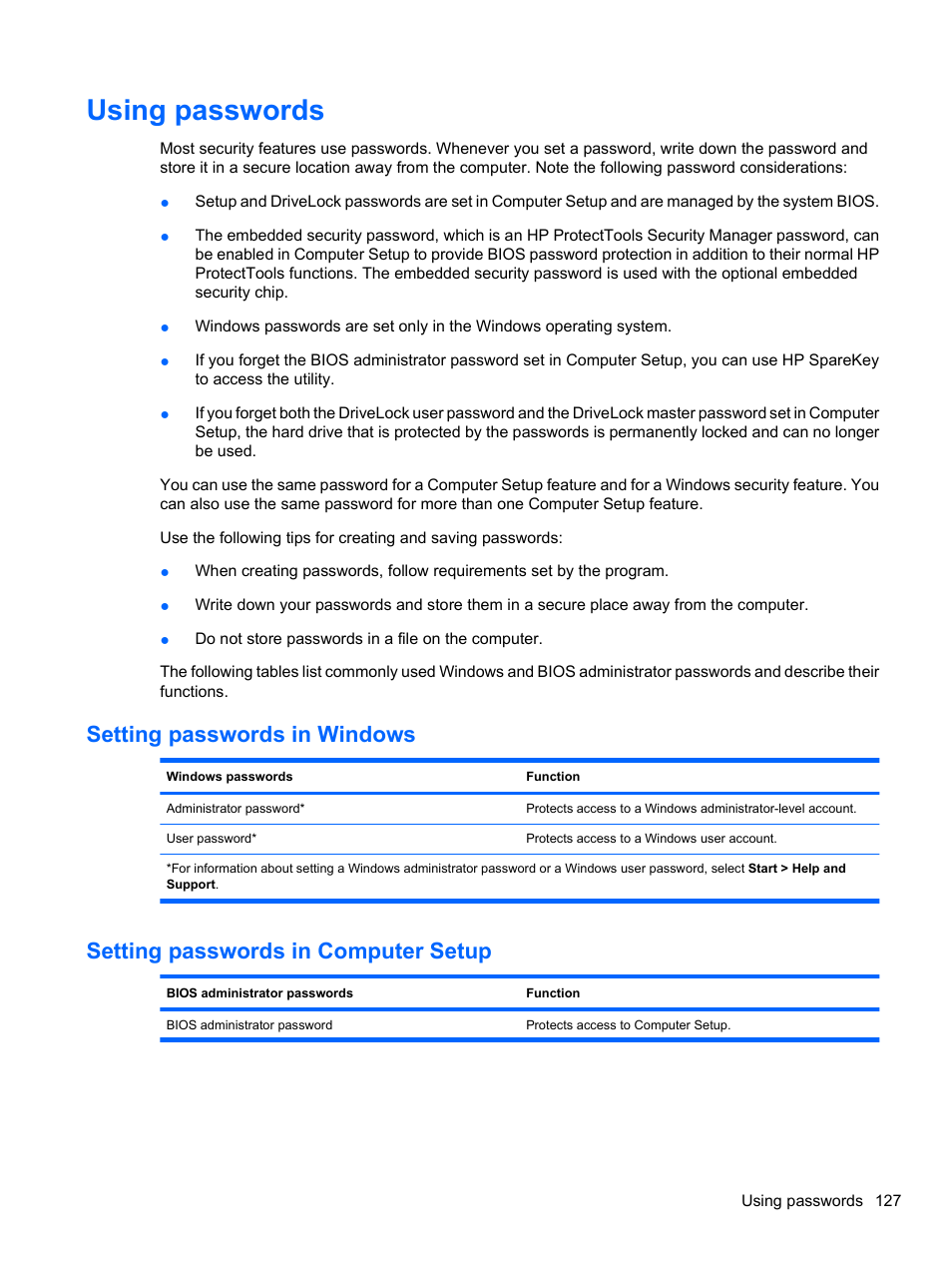 Using passwords, Setting passwords in windows, Setting passwords in computer setup | HP ProBook 4320s Notebook-PC User Manual | Page 139 / 190