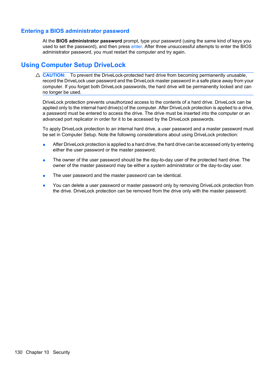 Entering a bios administrator password, Using computer setup drivelock | HP ProBook 4320s Notebook-PC User Manual | Page 142 / 190