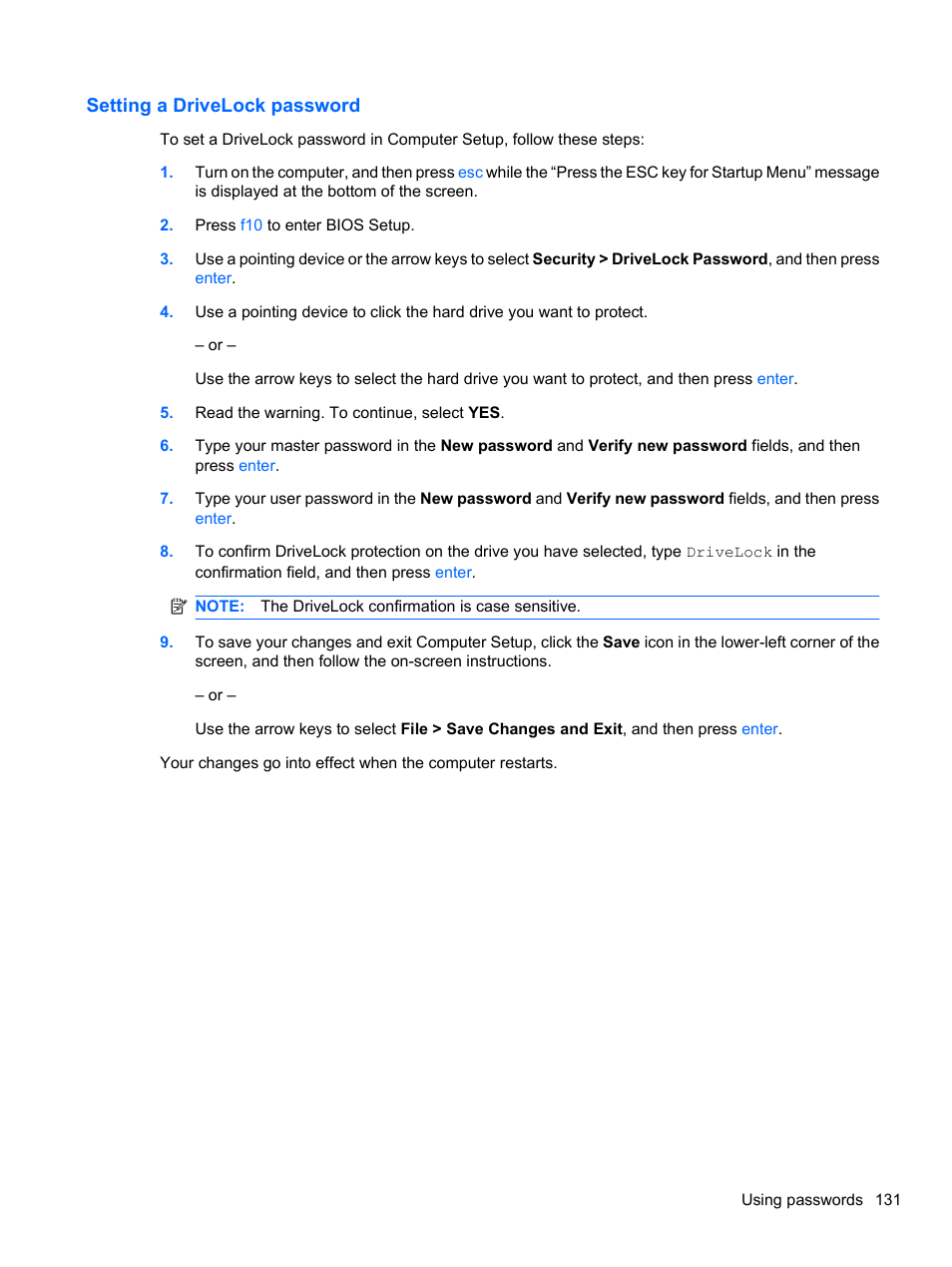 Setting a drivelock password | HP ProBook 4320s Notebook-PC User Manual | Page 143 / 190