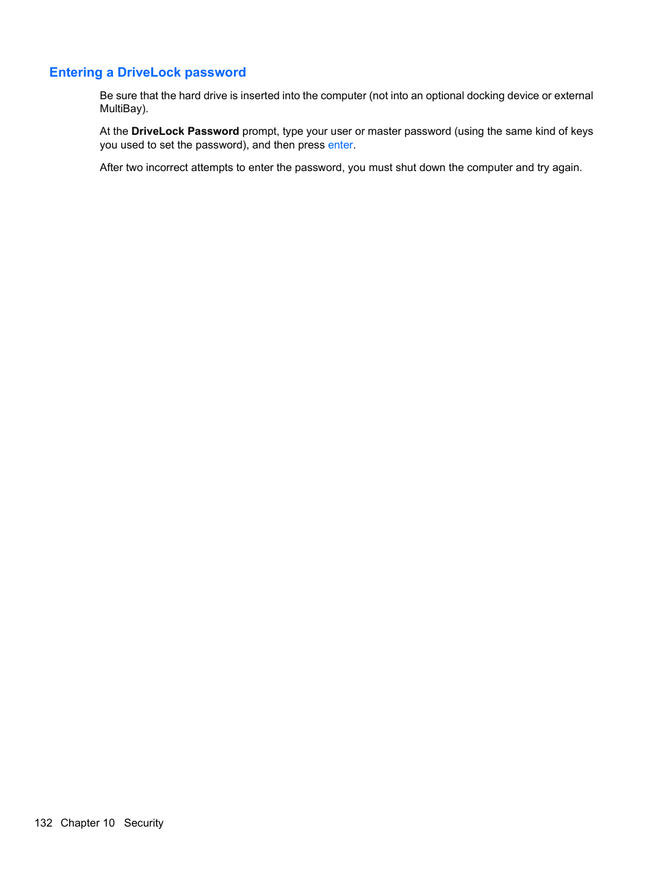 Entering a drivelock password | HP ProBook 4320s Notebook-PC User Manual | Page 144 / 190