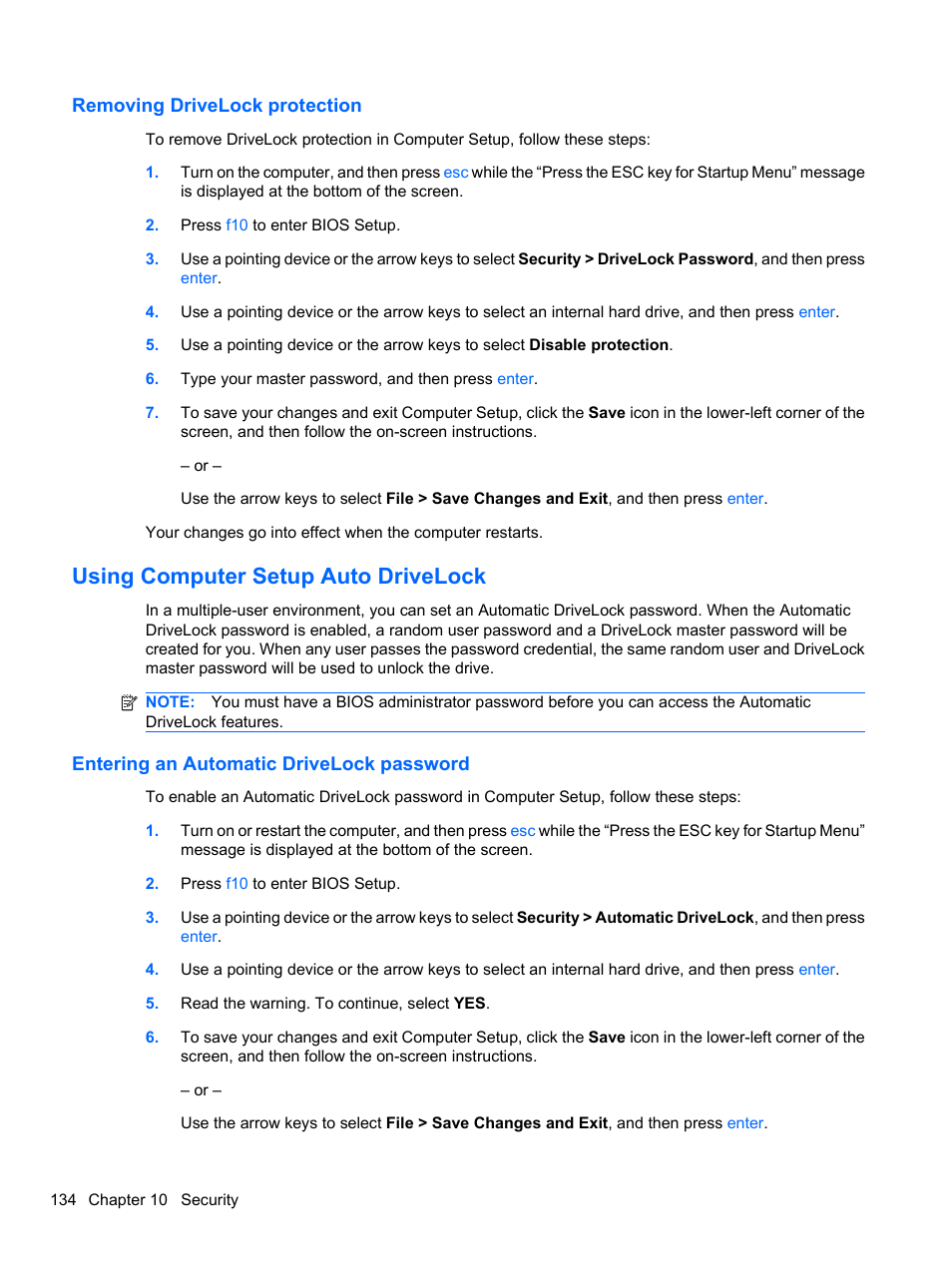 Removing drivelock protection, Using computer setup auto drivelock, Entering an automatic drivelock password | HP ProBook 4320s Notebook-PC User Manual | Page 146 / 190