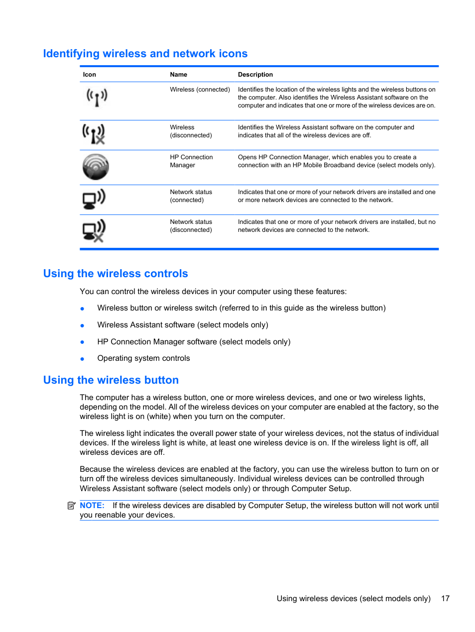 Identifying wireless and network icons, Using the wireless controls, Using the wireless button | HP ProBook 4320s Notebook-PC User Manual | Page 29 / 190