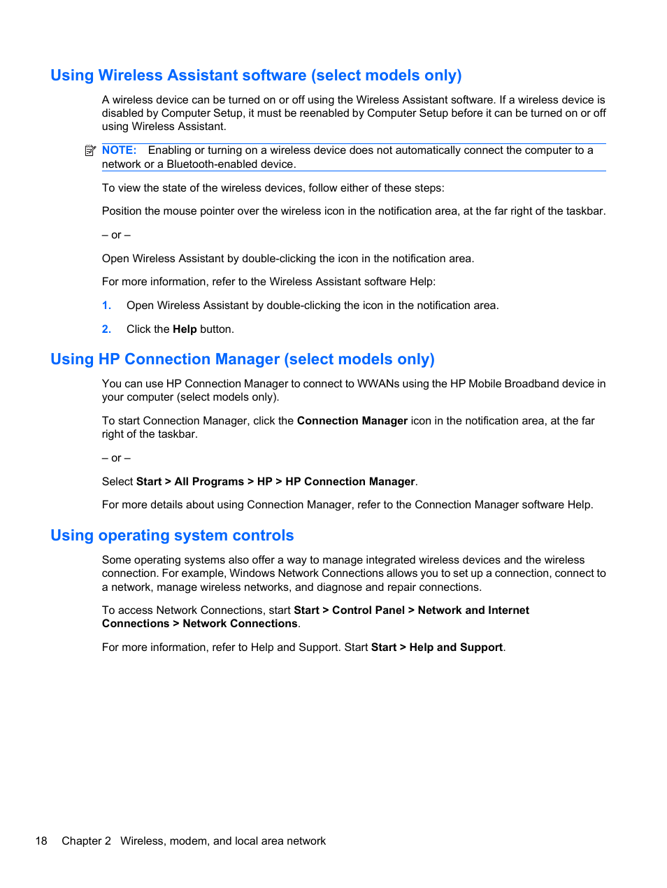 Using hp connection manager (select models only), Using operating system controls | HP ProBook 4320s Notebook-PC User Manual | Page 30 / 190