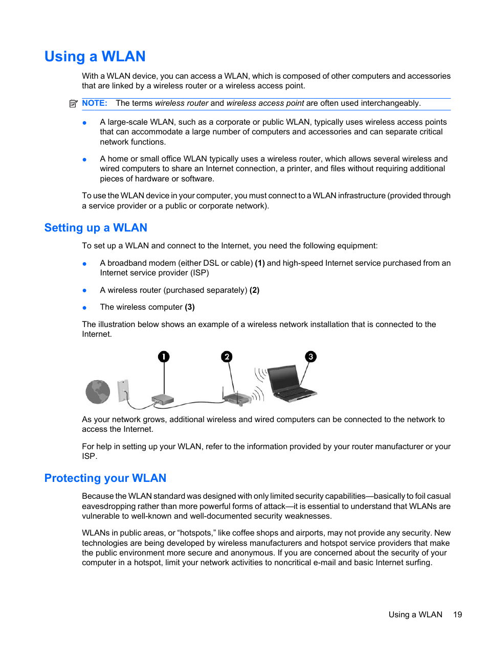 Using a wlan, Setting up a wlan, Protecting your wlan | Setting up a wlan protecting your wlan | HP ProBook 4320s Notebook-PC User Manual | Page 31 / 190