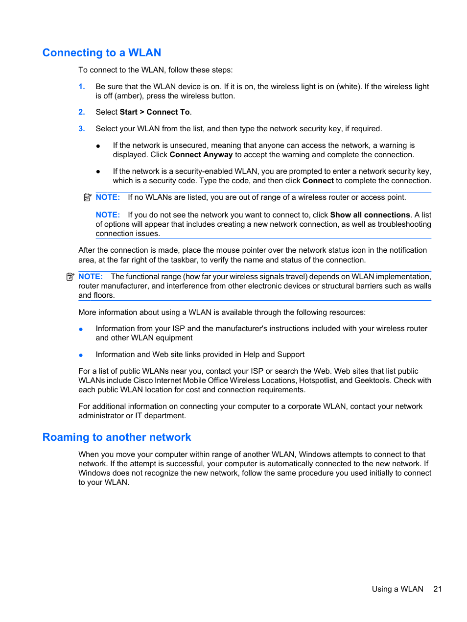 Connecting to a wlan, Roaming to another network, Connecting to a wlan roaming to another network | HP ProBook 4320s Notebook-PC User Manual | Page 33 / 190