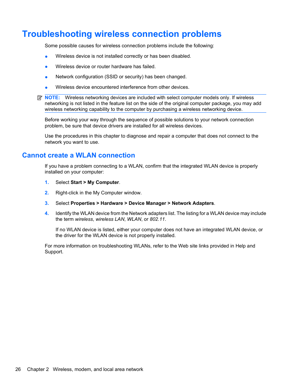 Troubleshooting wireless connection problems, Cannot create a wlan connection | HP ProBook 4320s Notebook-PC User Manual | Page 38 / 190