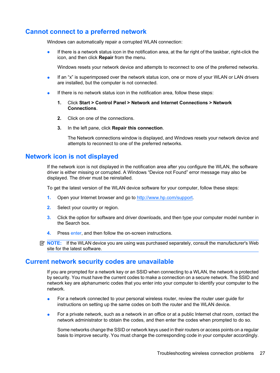 Cannot connect to a preferred network, Network icon is not displayed, Current network security codes are unavailable | HP ProBook 4320s Notebook-PC User Manual | Page 39 / 190