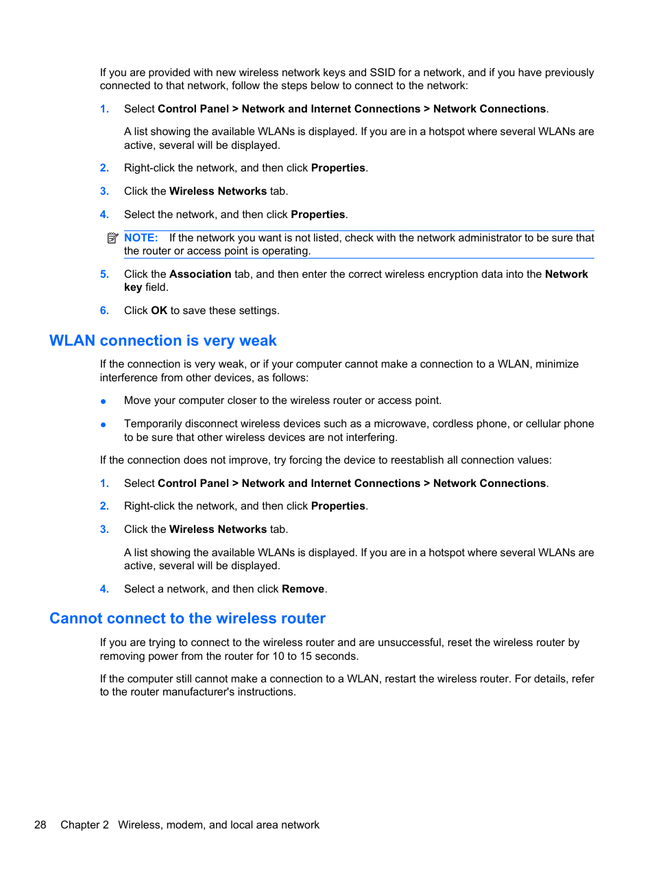 Wlan connection is very weak, Cannot connect to the wireless router | HP ProBook 4320s Notebook-PC User Manual | Page 40 / 190