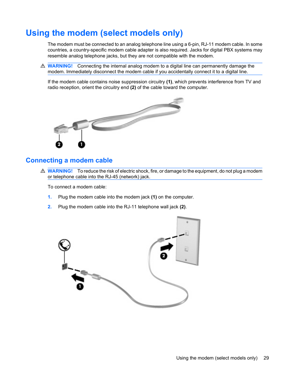 Using the modem (select models only), Connecting a modem cable | HP ProBook 4320s Notebook-PC User Manual | Page 41 / 190