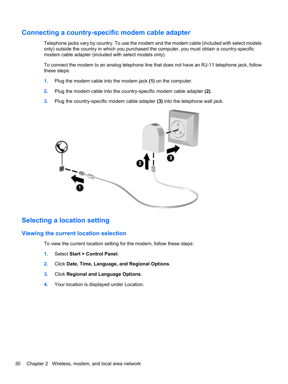 Connecting a country-specific modem cable adapter, Selecting a location setting, Viewing the current location selection | HP ProBook 4320s Notebook-PC User Manual | Page 42 / 190