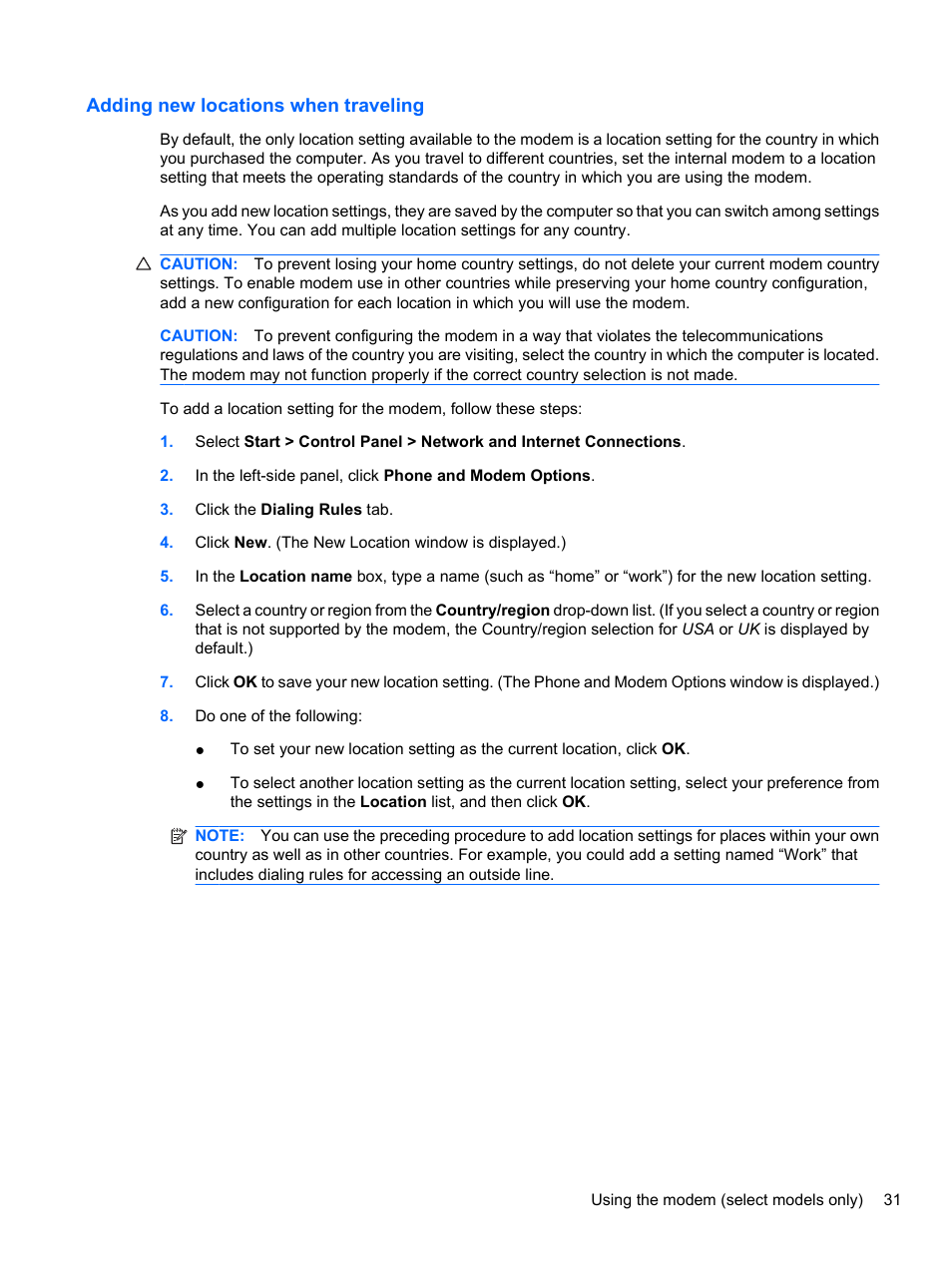 Adding new locations when traveling | HP ProBook 4320s Notebook-PC User Manual | Page 43 / 190