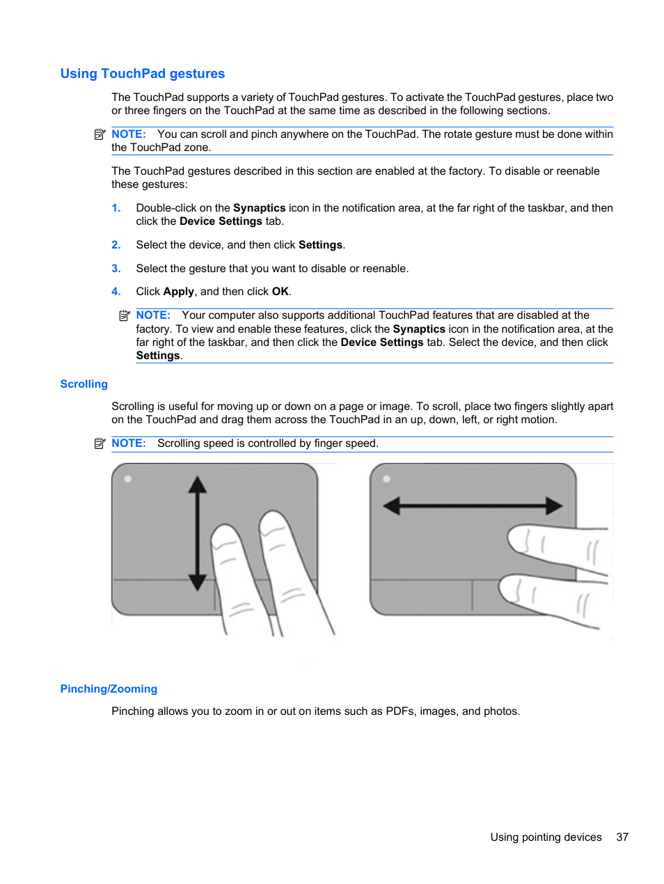 Using touchpad gestures, Scrolling, Pinching/zooming | Scrolling pinching/zooming | HP ProBook 4320s Notebook-PC User Manual | Page 49 / 190