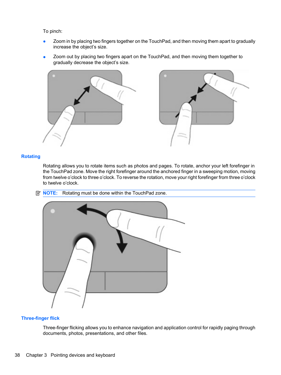 Rotating, Three-finger flick, Rotating three-finger flick | HP ProBook 4320s Notebook-PC User Manual | Page 50 / 190