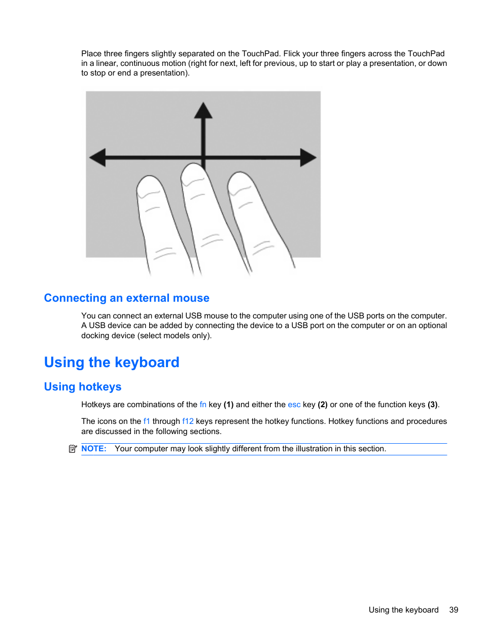 Connecting an external mouse, Using the keyboard, Using hotkeys | HP ProBook 4320s Notebook-PC User Manual | Page 51 / 190