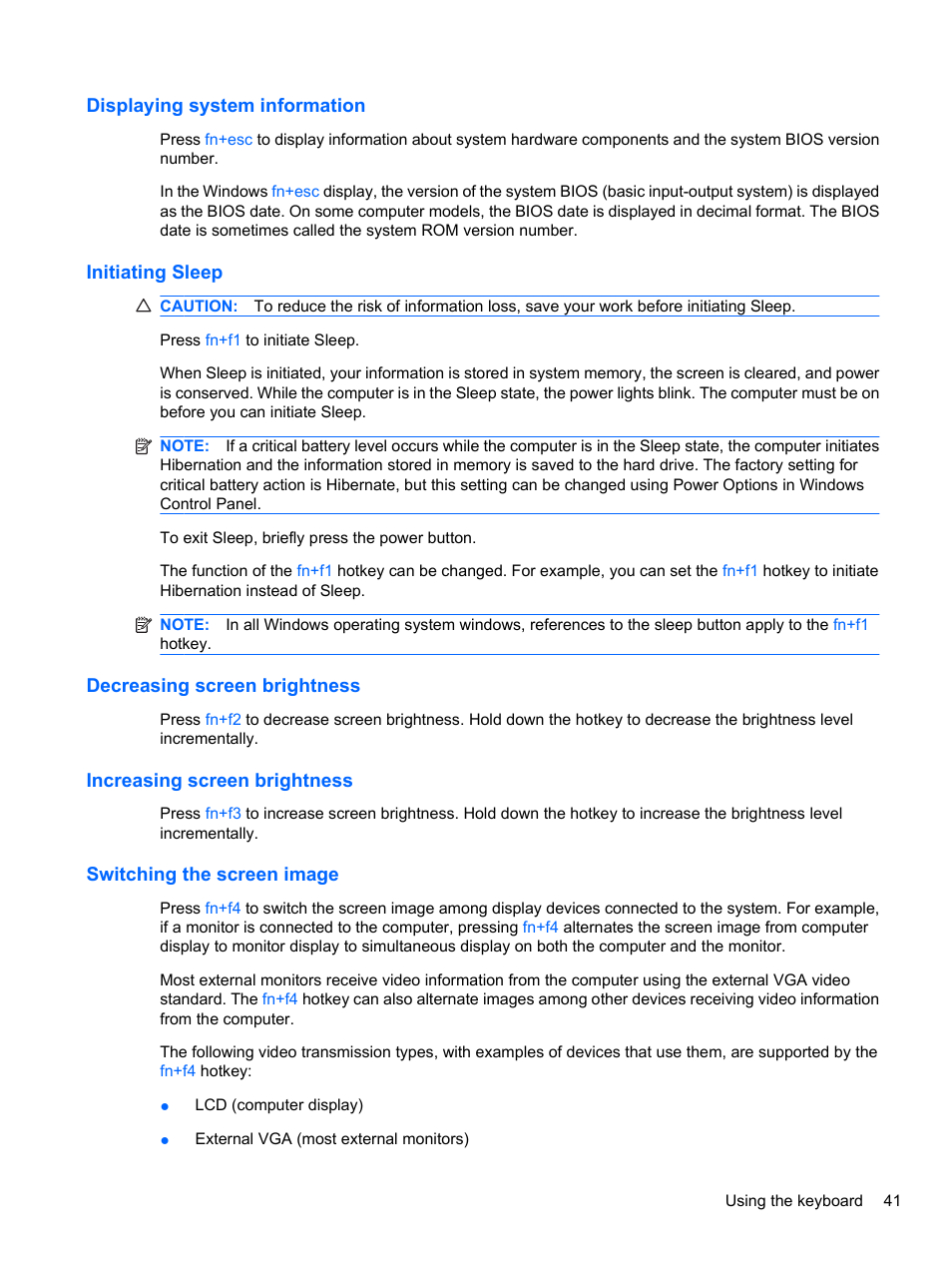 Displaying system information, Initiating sleep, Decreasing screen brightness | Increasing screen brightness, Switching the screen image | HP ProBook 4320s Notebook-PC User Manual | Page 53 / 190