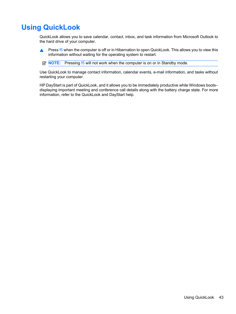 Using quicklook | HP ProBook 4320s Notebook-PC User Manual | Page 55 / 190