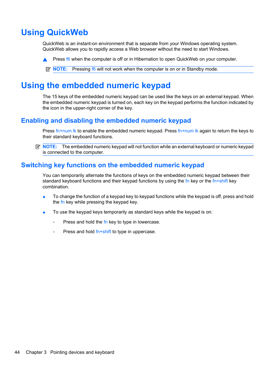 Using quickweb, Using the embedded numeric keypad, Enabling and disabling the embedded numeric keypad | Using quickweb using the embedded numeric keypad | HP ProBook 4320s Notebook-PC User Manual | Page 56 / 190